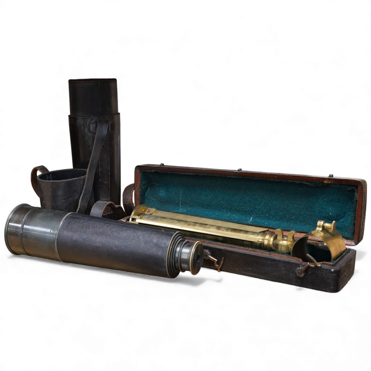 An early 20th century four draw brass telescope with leather grip, together with a brass table top tripod stand, both unmarked, both parts in separate fitted cases, the telescope fully extended 106cm, contracted 28cm